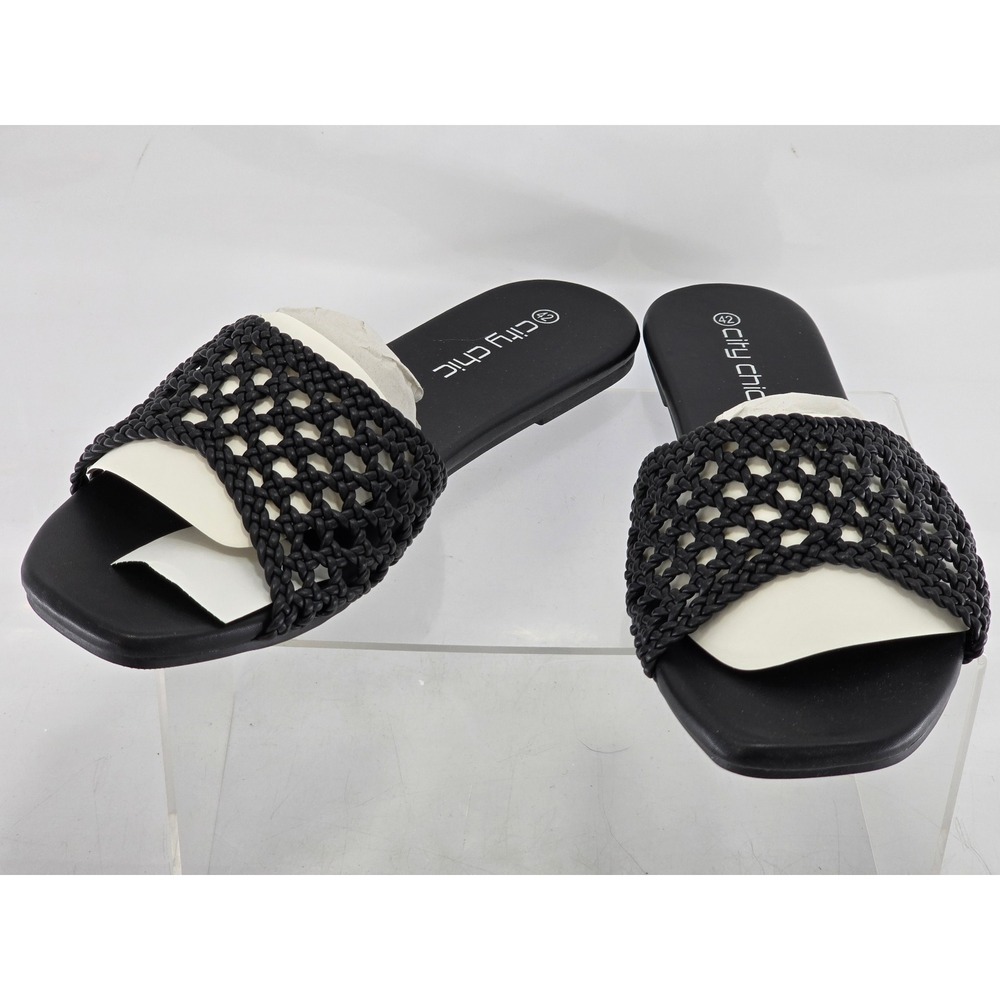 City Chic Flat Slide Weave Womens 11W Black Woven Strap Sandals - New